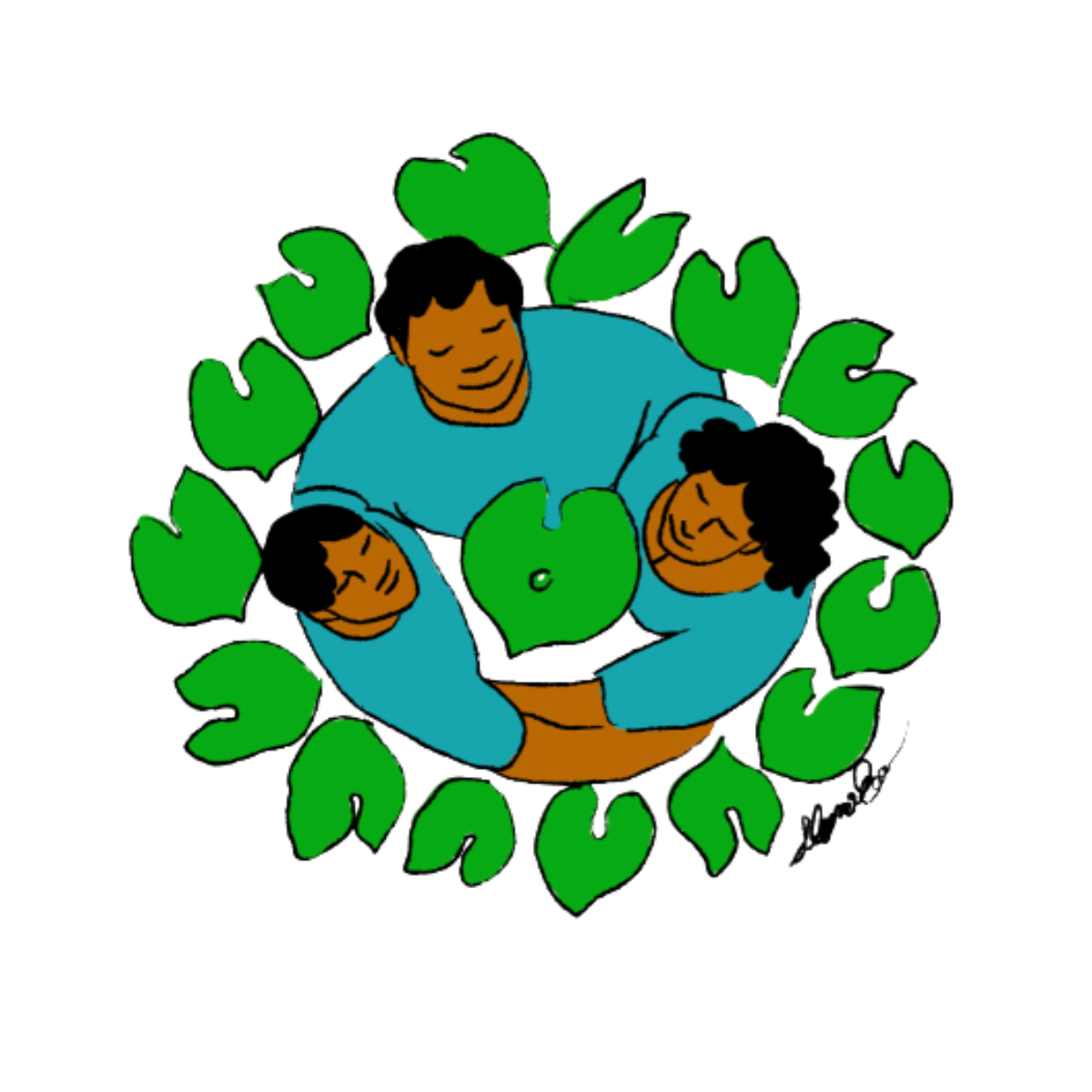 A digital illustration of three people hugging each other surrounded by green leaf shapes in a circle.
