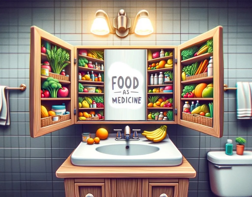 An illustration of fruits and vegetables in a medicine cabinet with "food as medicine" written on the mirror