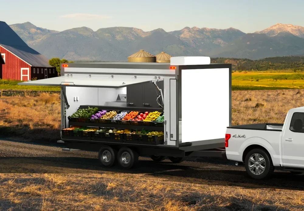 Farmers' Truck mobile produce market set up for shoppers
