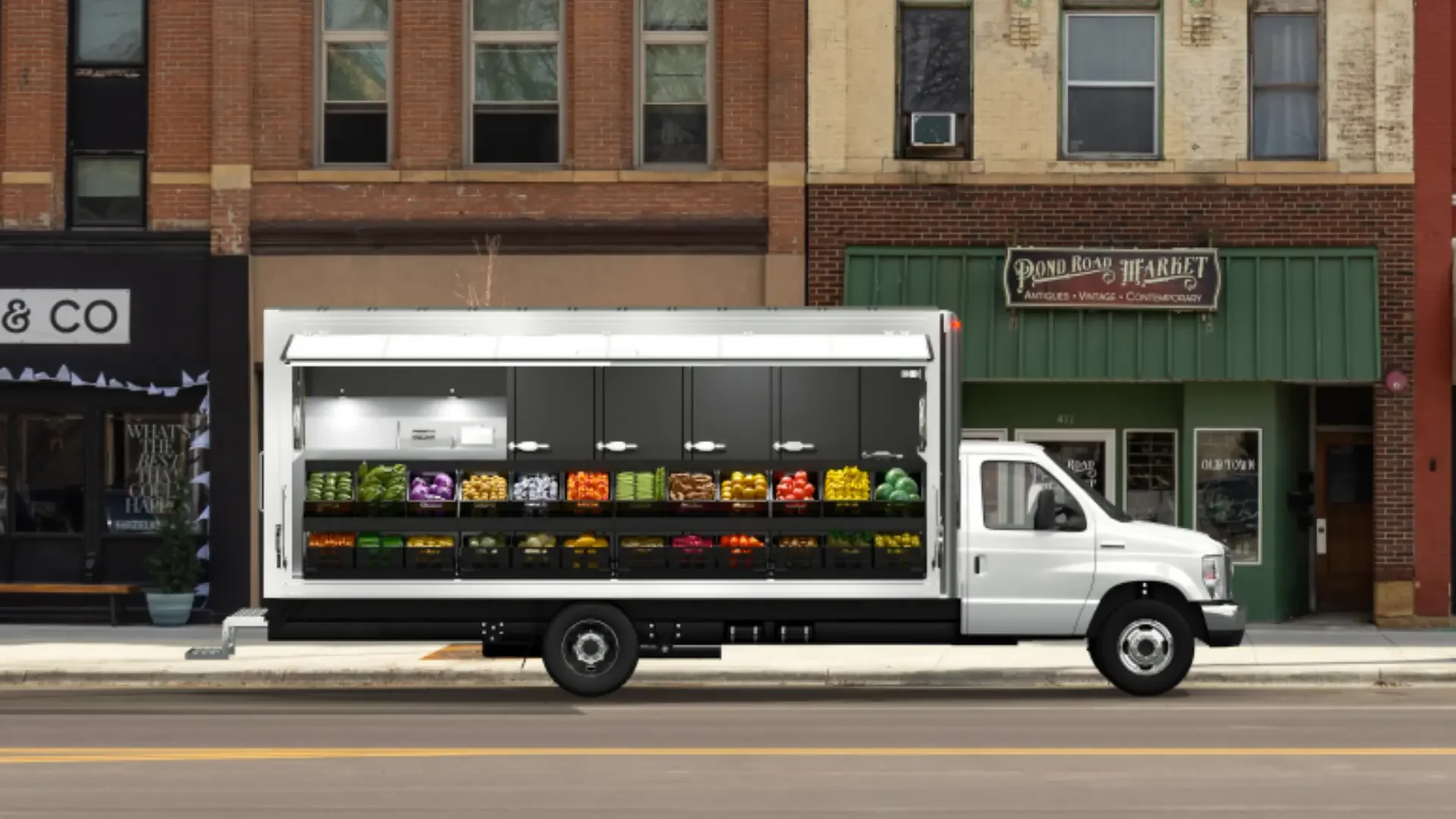 A farmer's truck mobile market truck with produce displayed