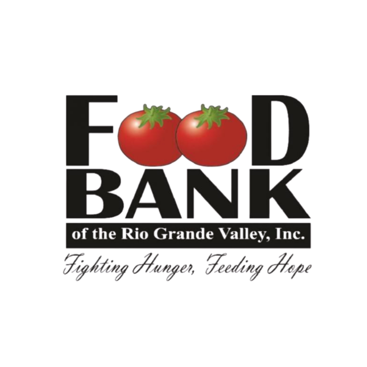 Logo for the Food Bank of the Rio Grande Valley, Inc., featuring two tomatoes above the words "FOOD BANK" in black font, with smaller text underneath reading "of the Rio Grande Valley, Inc." and a tagline, "Feeding Hope, Changing Lives."