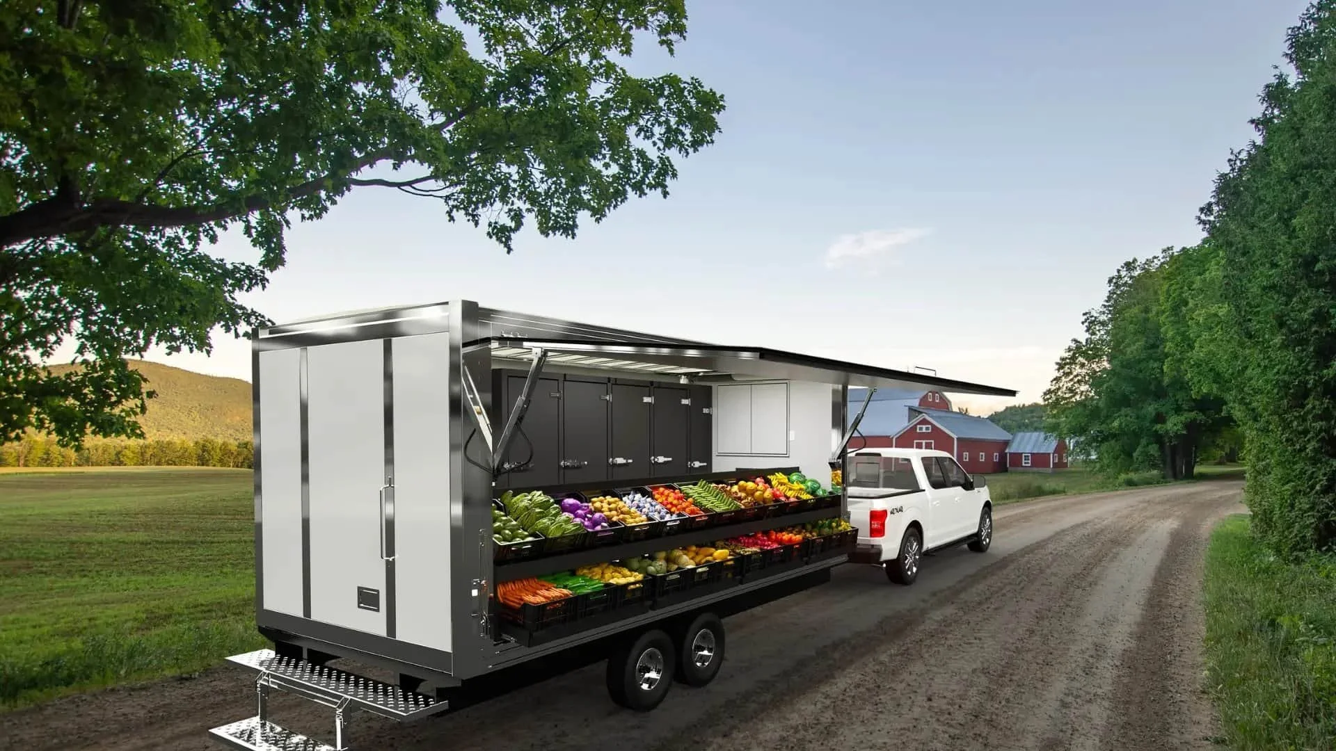 mobile market trailer truck with produce inside