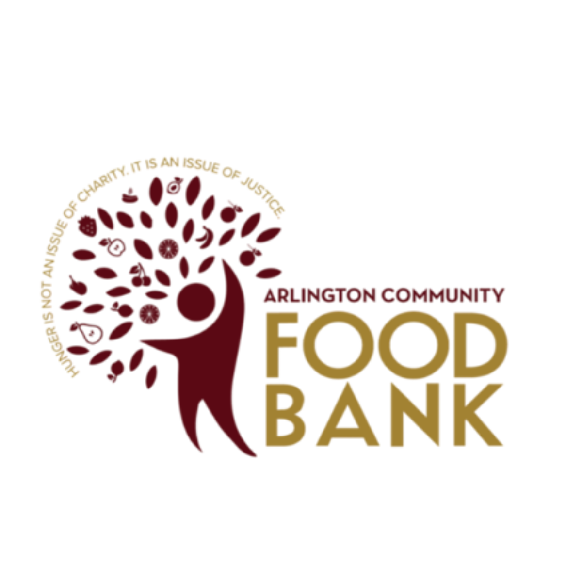 Logo for Food Bank with a stylized human figure and a tree made of red apples, with the words 'Food Bank' in gold letters