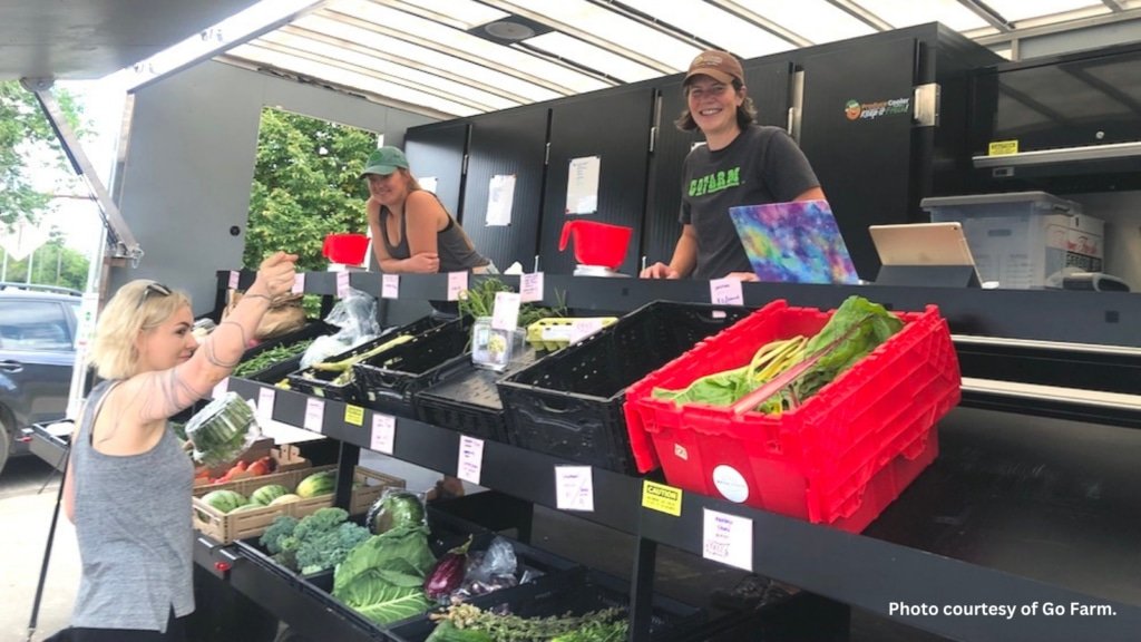 GoFarm employees and community members smile in front of mobile market truck
