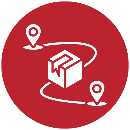 Icon of a package with delivery paths and locations on a red background.