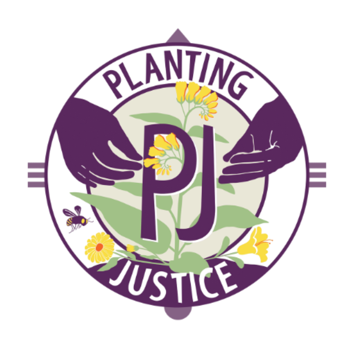 A circular logo with purple border featuring two hands holding a purple letter 'P' and a purple letter 'J', surrounded by yellow flowers and green leaves, with the words 'Plant and Joy' around the border.