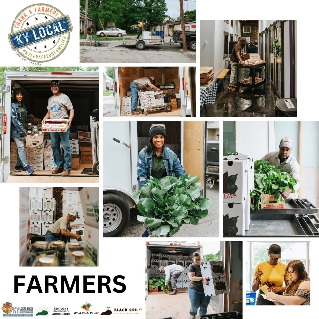 A flyer showing different farmers loading produce into trucks
