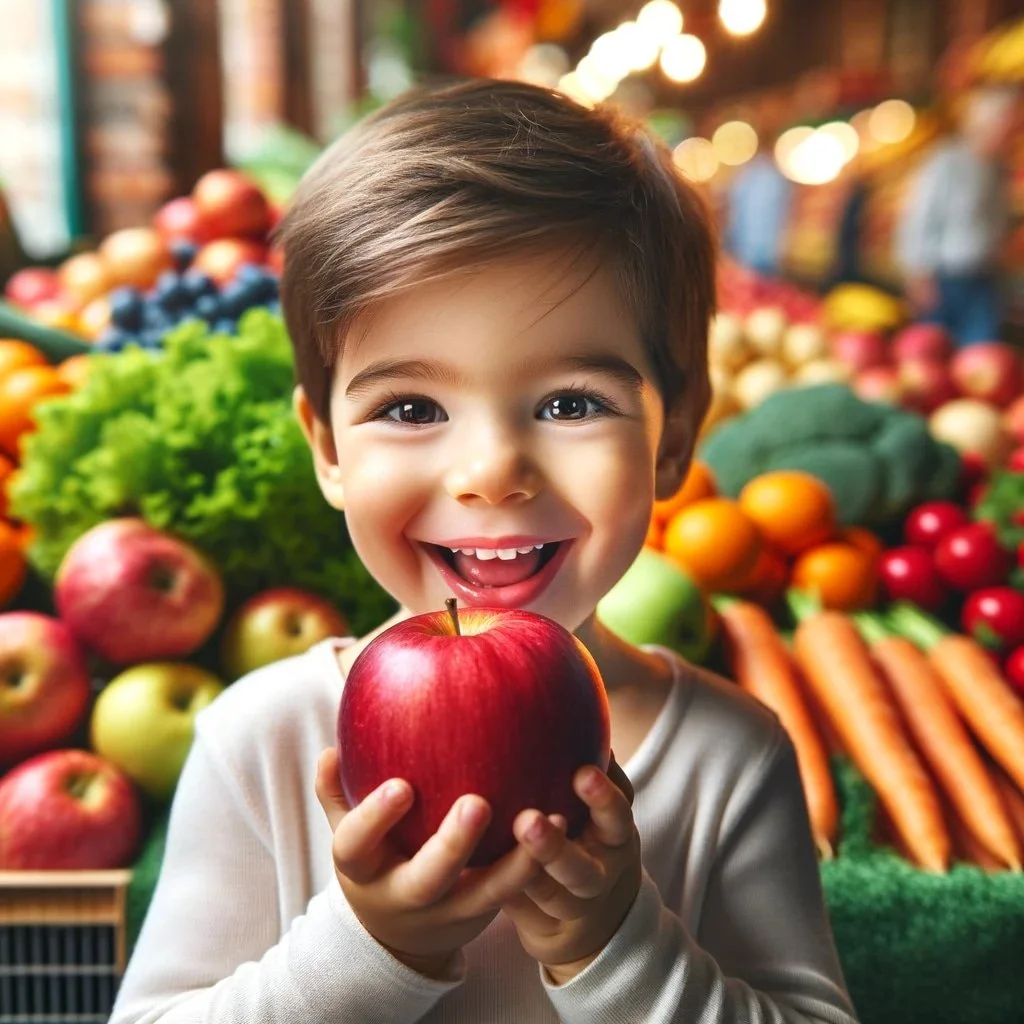 a child holding an apple with produce in the background