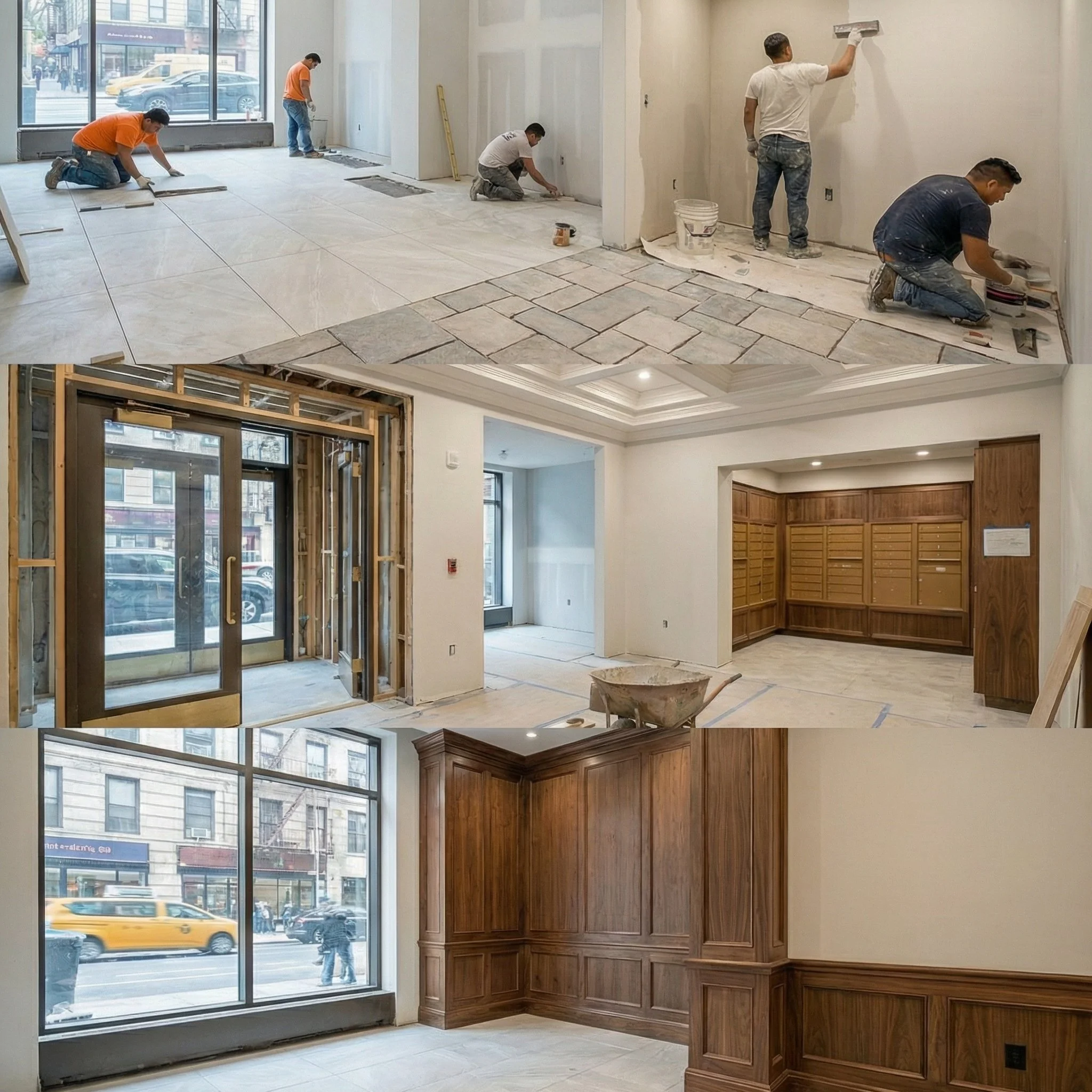 NYC lobby renovation in progress showing large-format tile installation, coffered ceiling, custom wood millwork, and mailroom wall