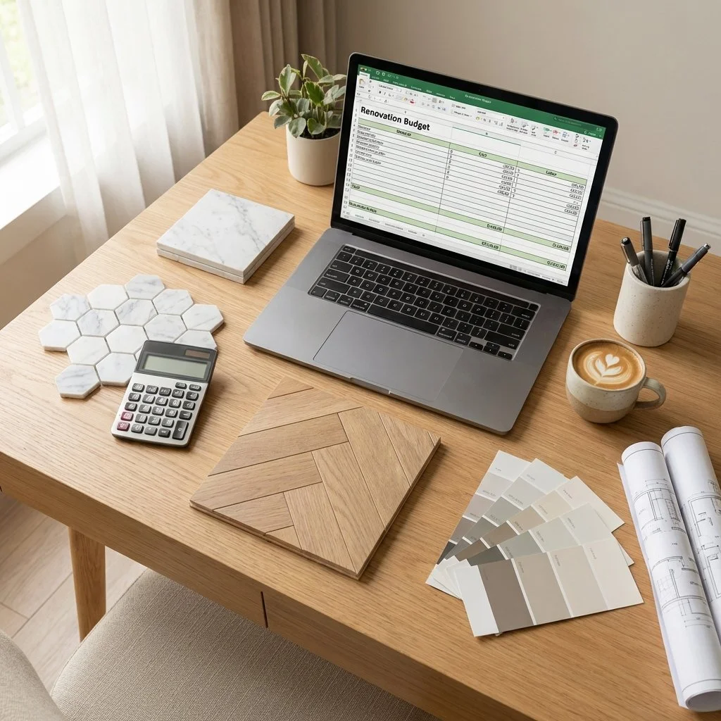 Overhead view of a desk featuring a laptop displaying a renovation budget spreadsheet, alongside a calculator, marble tile samples, wood flooring, and paint swatches used for project pricing.