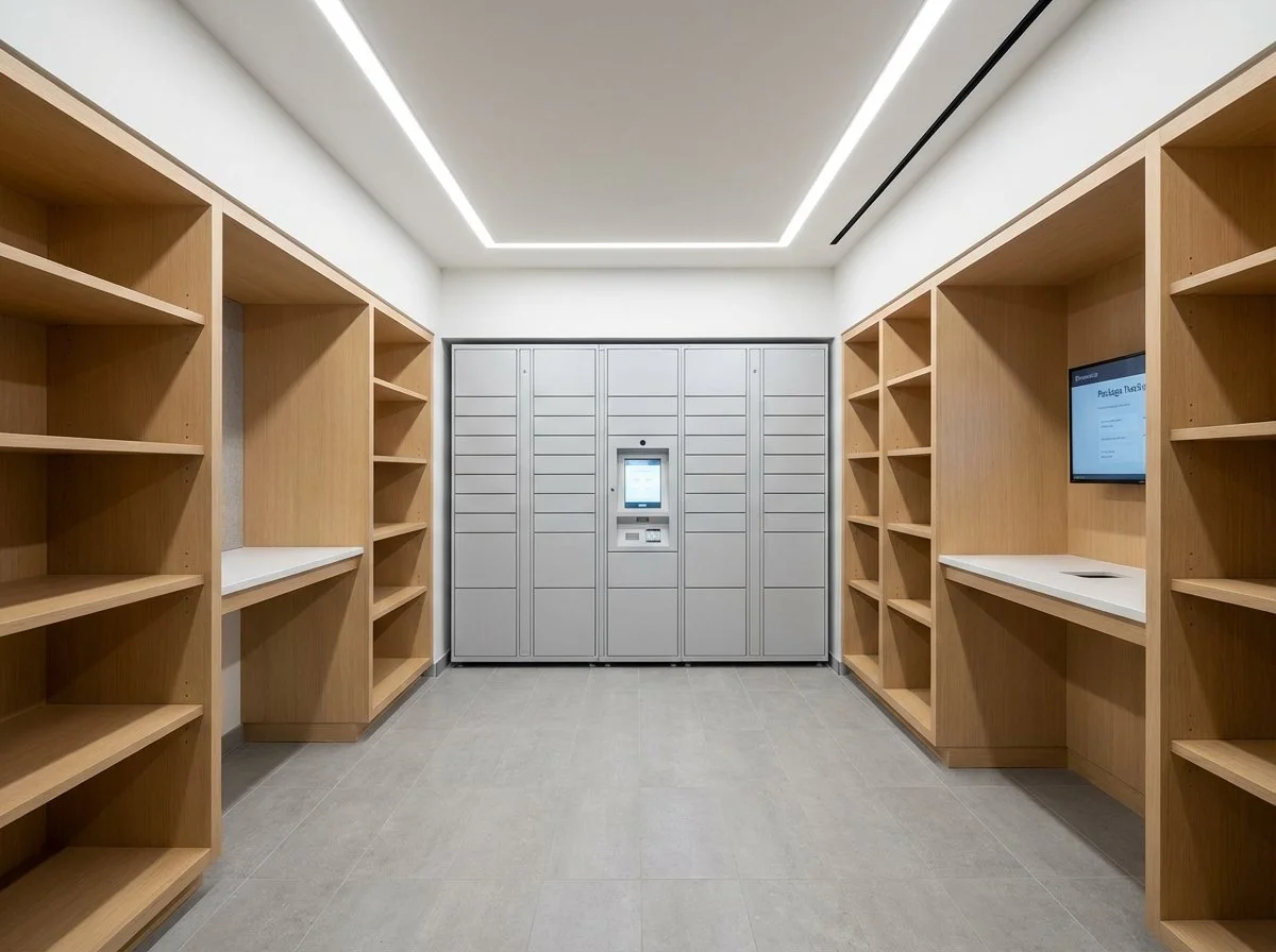 Renovated NYC apartment building mailroom with custom wood shelving, smart package lockers, and linear LED ceiling lighting