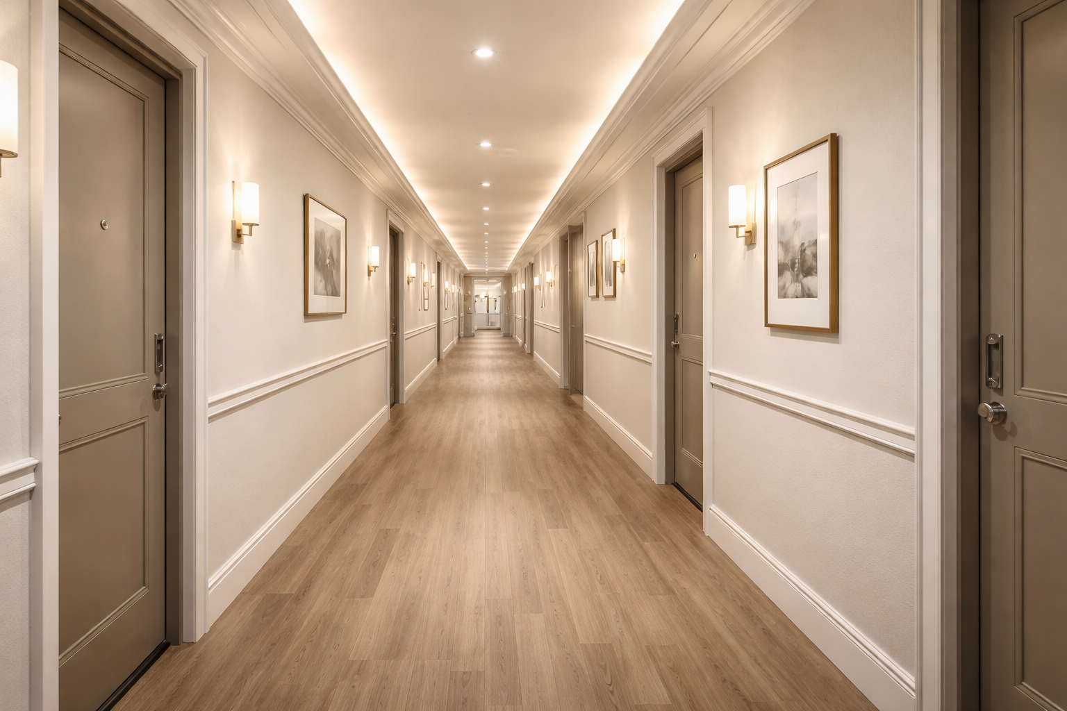 Luxury apartment hallway renovation NYC with wainscoting, recessed lighting, and wall sconces