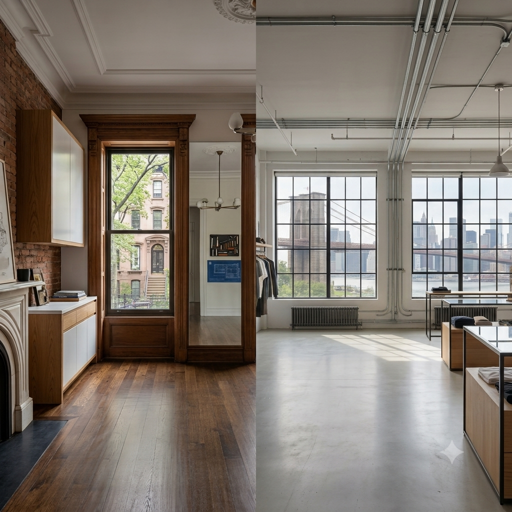 "Split-screen view of high-end NYC renovations: a classic Brooklyn brownstone living room on the left, and a sleek, modern retail storefront in Manhattan with a Brooklyn Bridge view on the right.