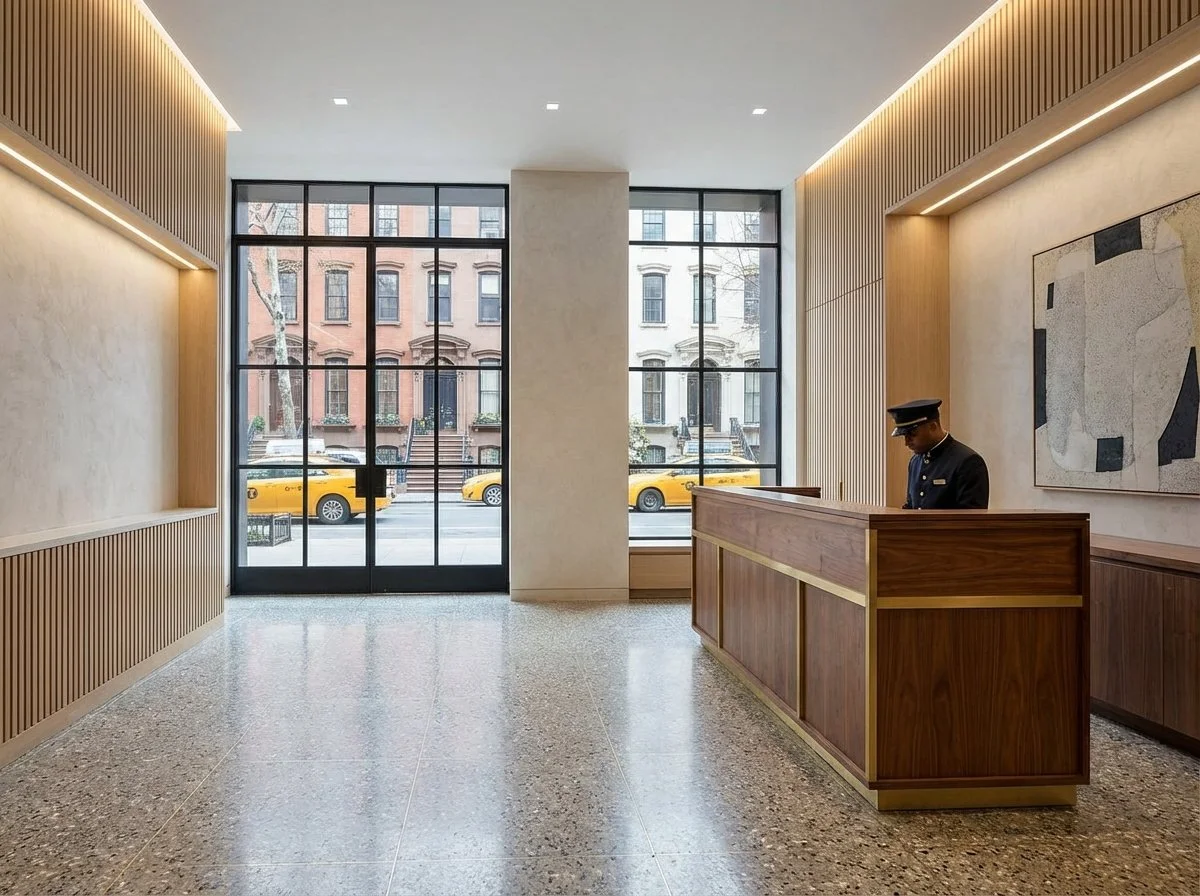 Renovated apartment building lobby in NYC with open layout, arched doorway, and warm wood millwork