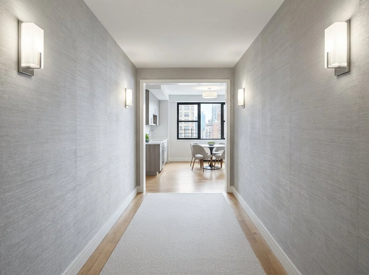 Renovated NYC apartment building interior hallway with grasscloth wall finish, sconce lighting, and hardwood floors