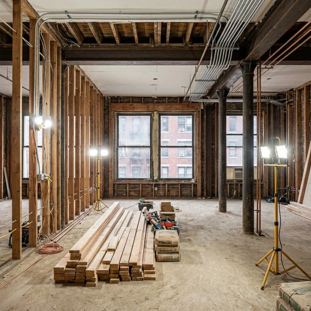 Interior view of a complete gut renovation in a New York apartment, stripped down to exposed wooden studs, steel beams, and original columns with new electrical conduit installed.