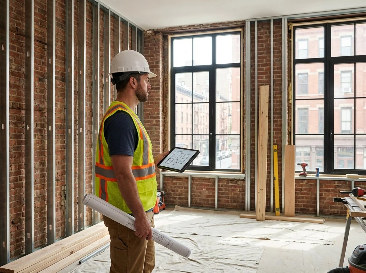 Contractors actively demolishing a brick wall inside an NYC apartment to change the layout, with construction blueprints resting on a table in the foreground.