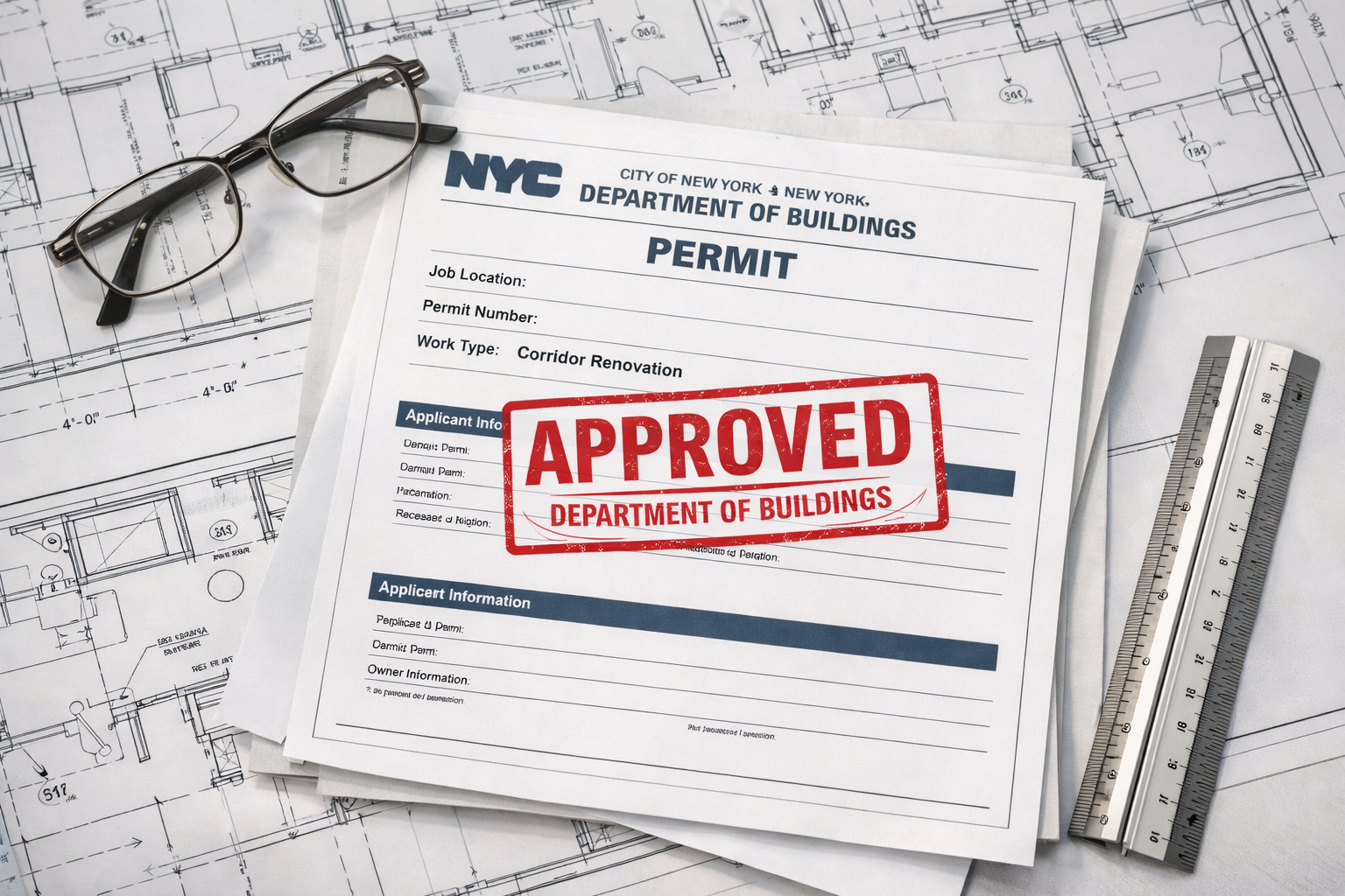 NYC Department of Buildings permit documents and architectural plans for apartment corridor renovation