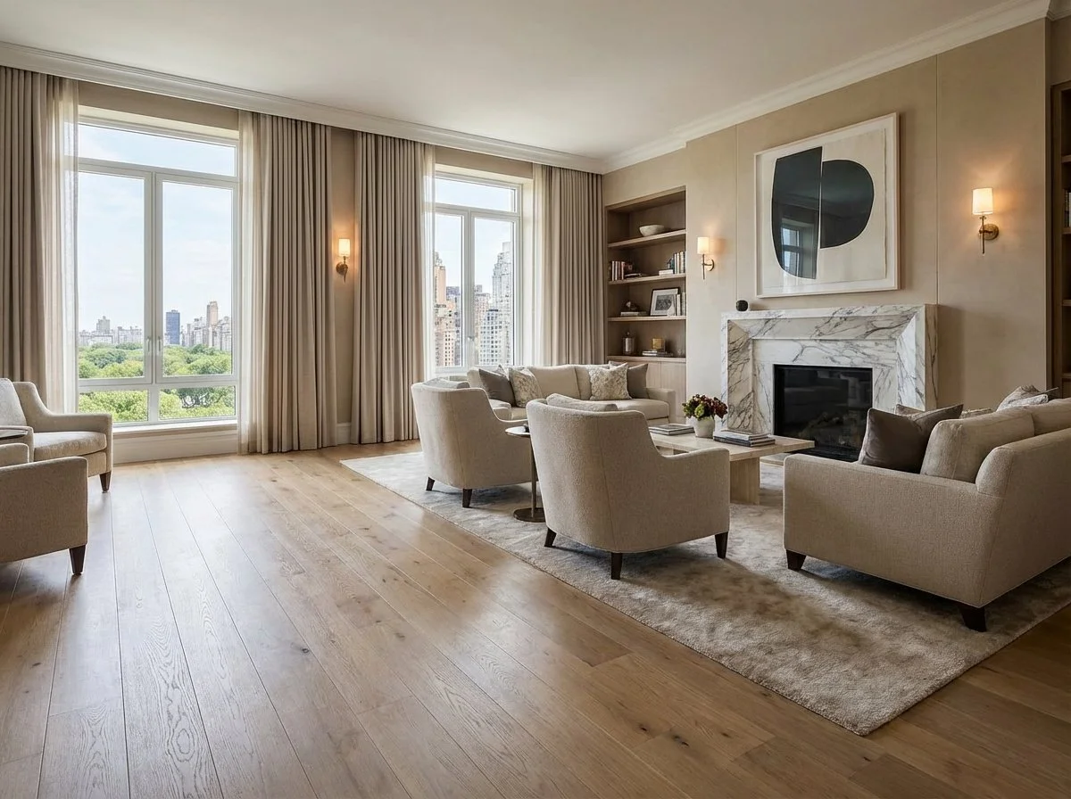 Modern condo common area renovation in NYC with dark accent walls, contemporary seating, and updated finishes