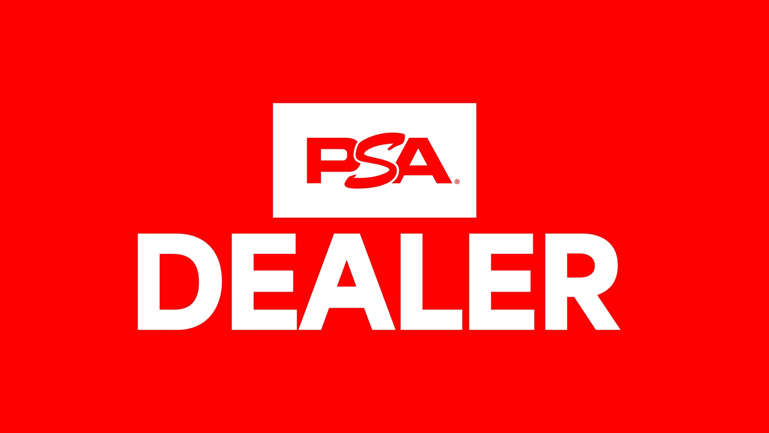 Red background with the PSA logo and the word 'DEALER' in large white letters.
