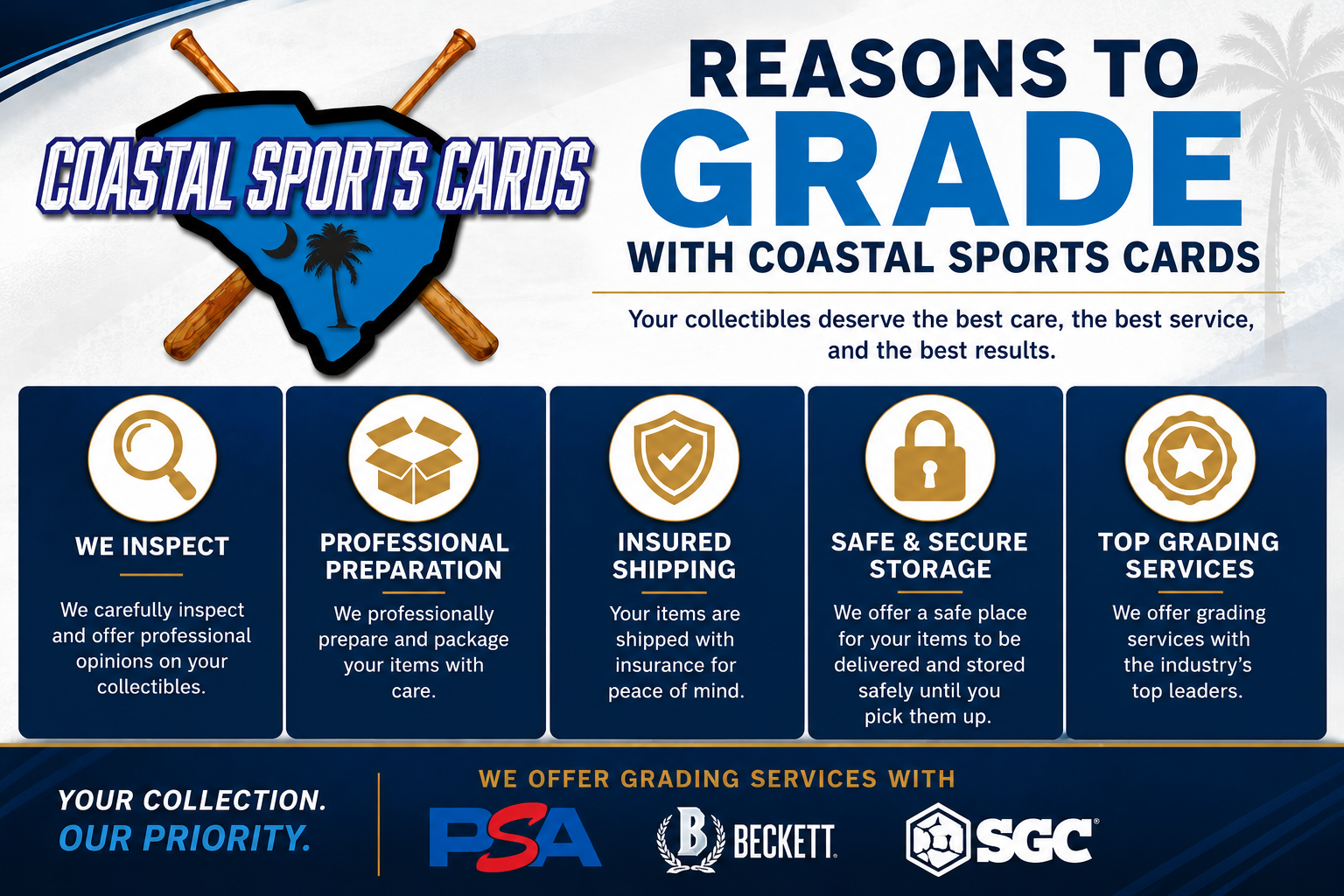Poster promoting coastal sports cards with reasons to grade, including inspection, professional preparation, insured shipping, secure storage, and top grading services, featuring a logo with a blue shield, a palm tree, and crossed batons.