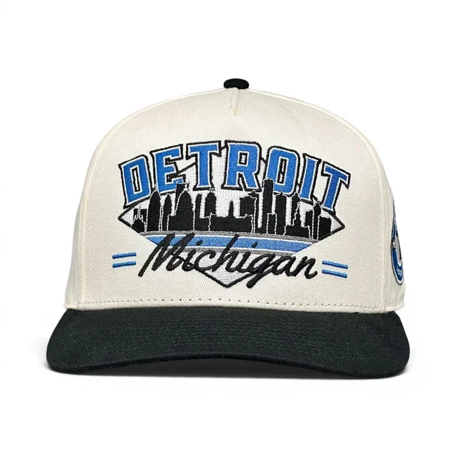 Detroit Michigan Skyline Snapback Hat (Cream/Black)