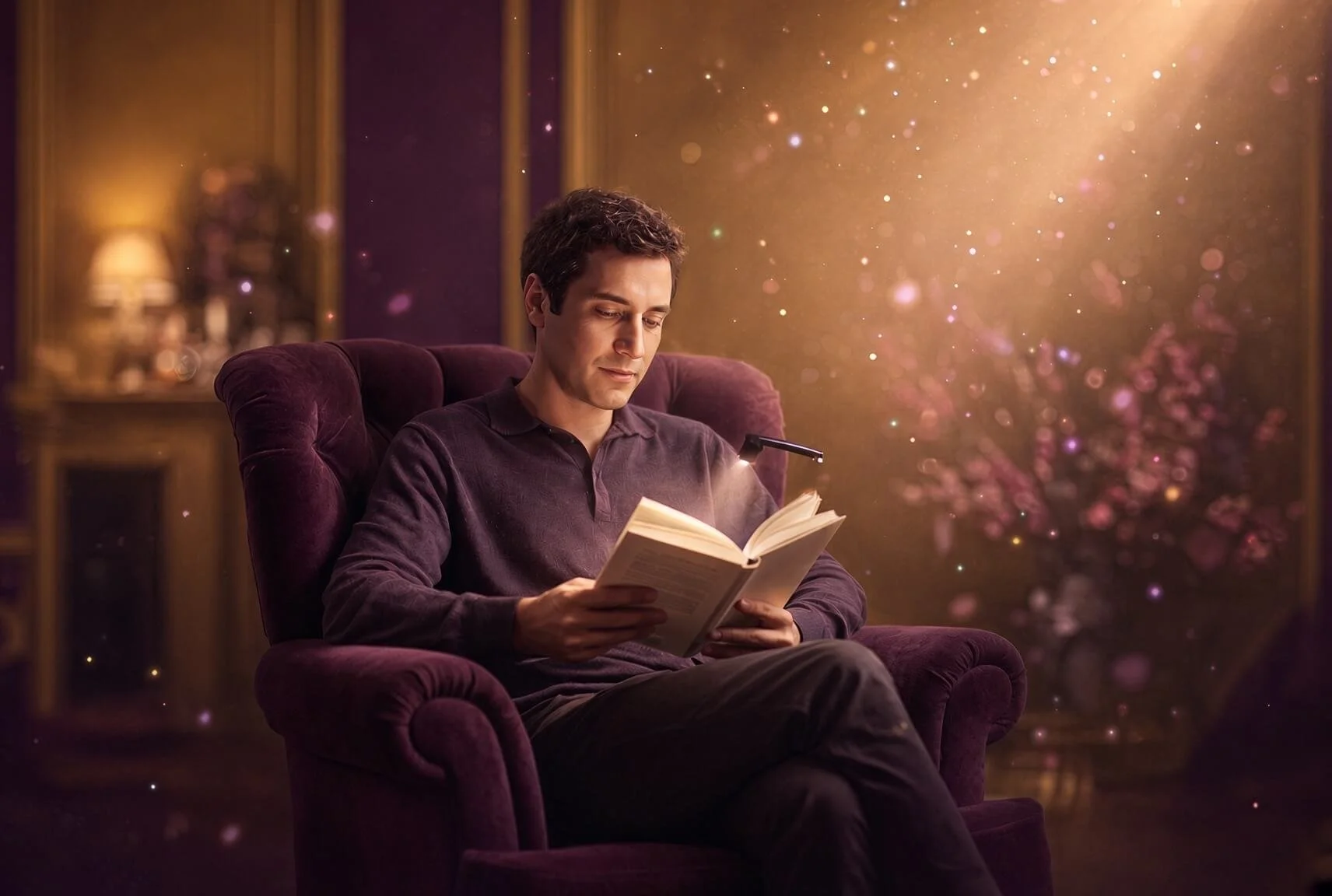 A Starseed man sits reading a spiritual book by a small light in a quiet room, illustrating the study and focus a Starseed needs after discovering the path.