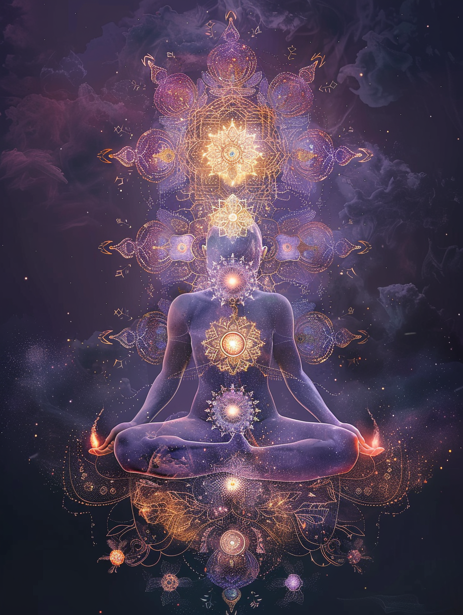 A meditating figure represents the 12 Chakra Seals Meditation