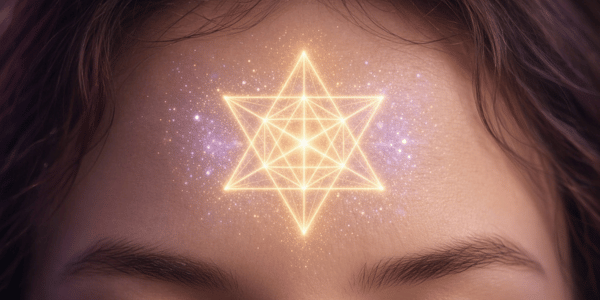 Close-up of a woman’s forehead with a glowing golden Merkabah star at the third eye, representing the Christ anointing of the Starseed and higher consciousness