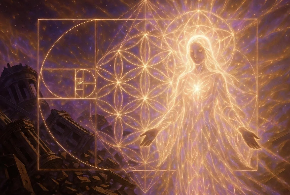 Ethereal Divine Mother from the Pleiades radiating warm light, embodying the mystical paradox of light and shadow. Symbolizes the journey through cognitive dissonance into multidimensional Truth and New Earth frequencies.