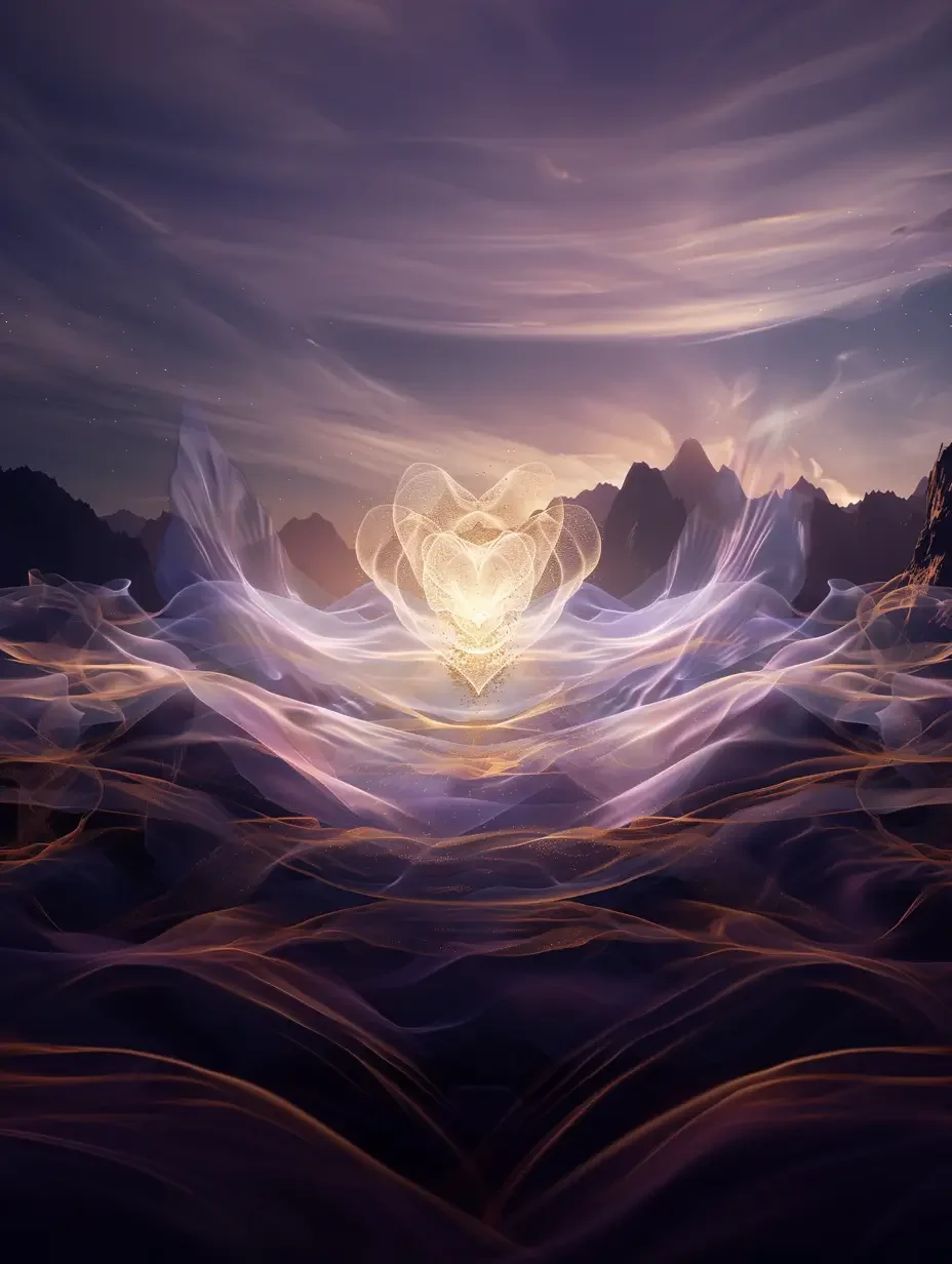Golden ethereal heart rising from lavender hued energy waves above a rocky canyon – symbol of starseed love, activation, and sovereign higher consciousness