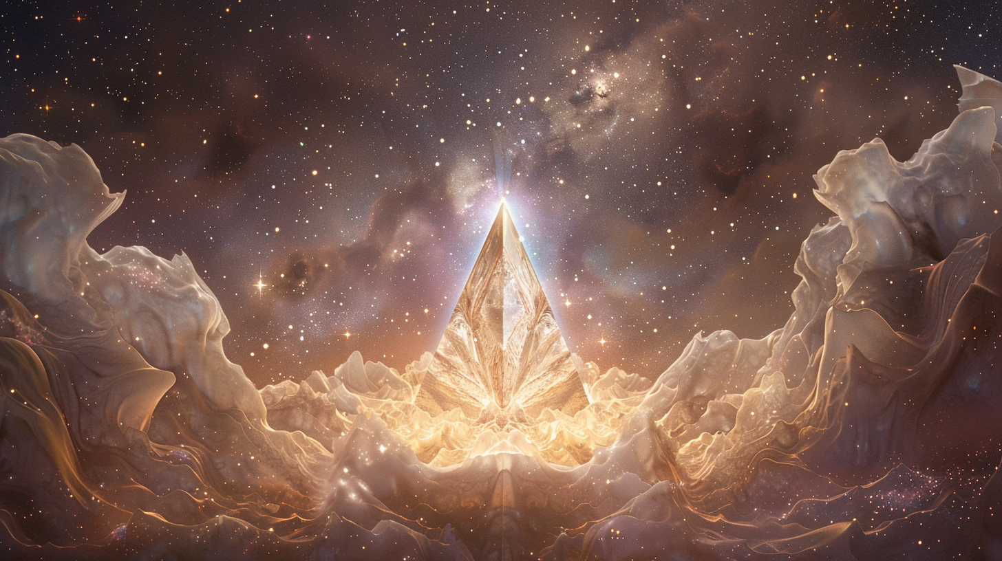 A refined minimalist spiritual composition of a radiant golden white Ka crystal pyramid of Light evoking multidimensional symbiosis and ascension into the Higher Realms.