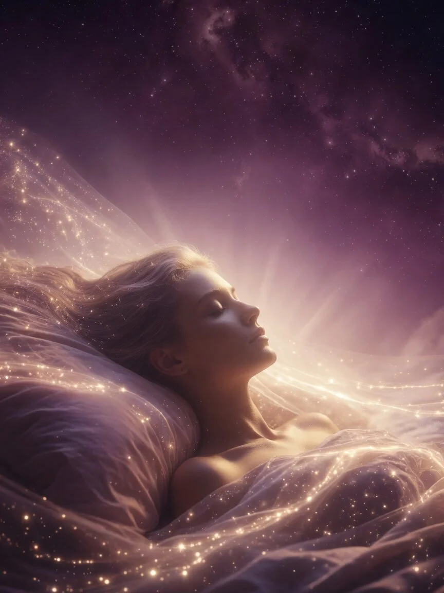 Mystical woman resting with eyes closed in a luminous dream journey, bathed in golden cosmic light — hero image for THE DREAM: Answer Its Call for Self-Discovery