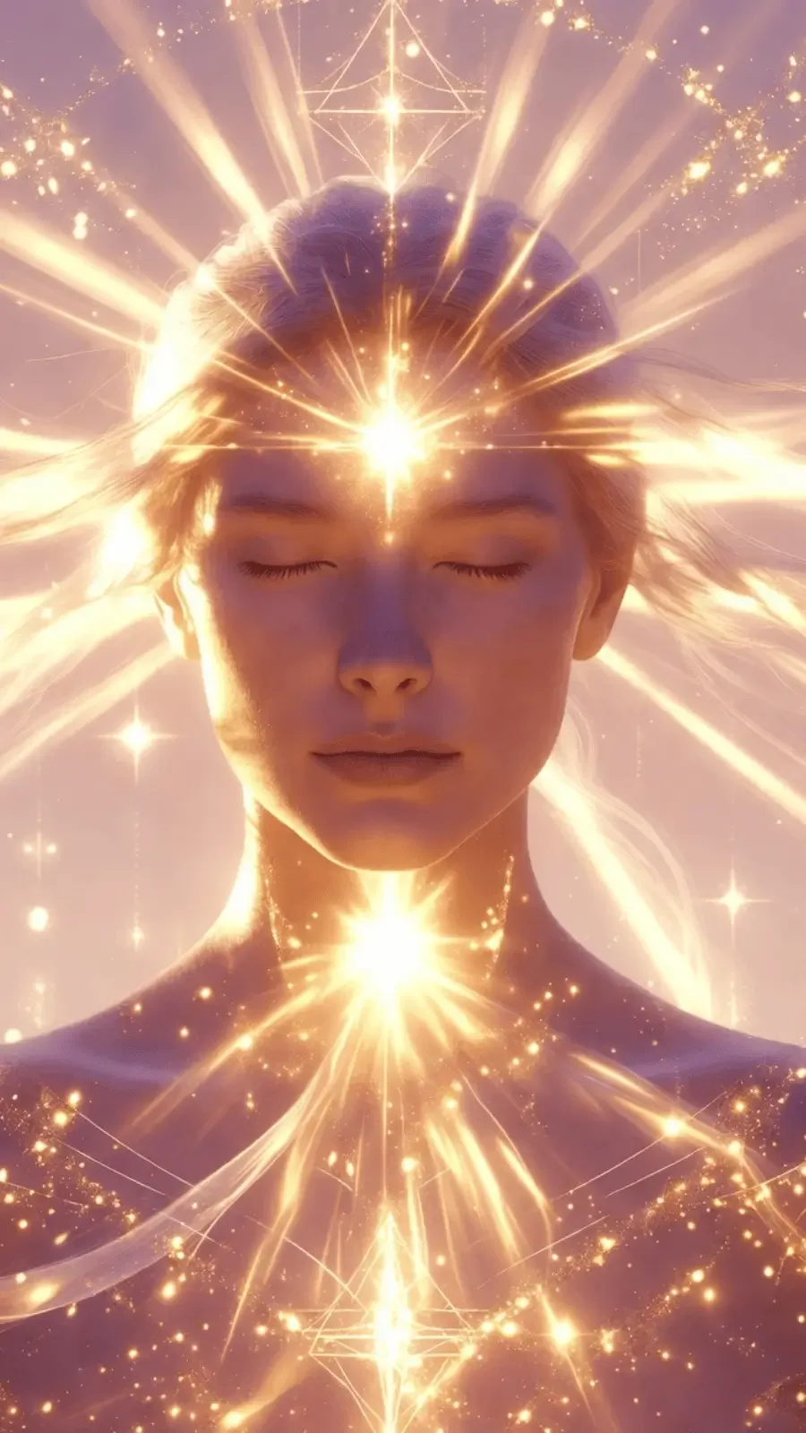Woman in deep meditative state with radiant light codes during guided time travel audio journey