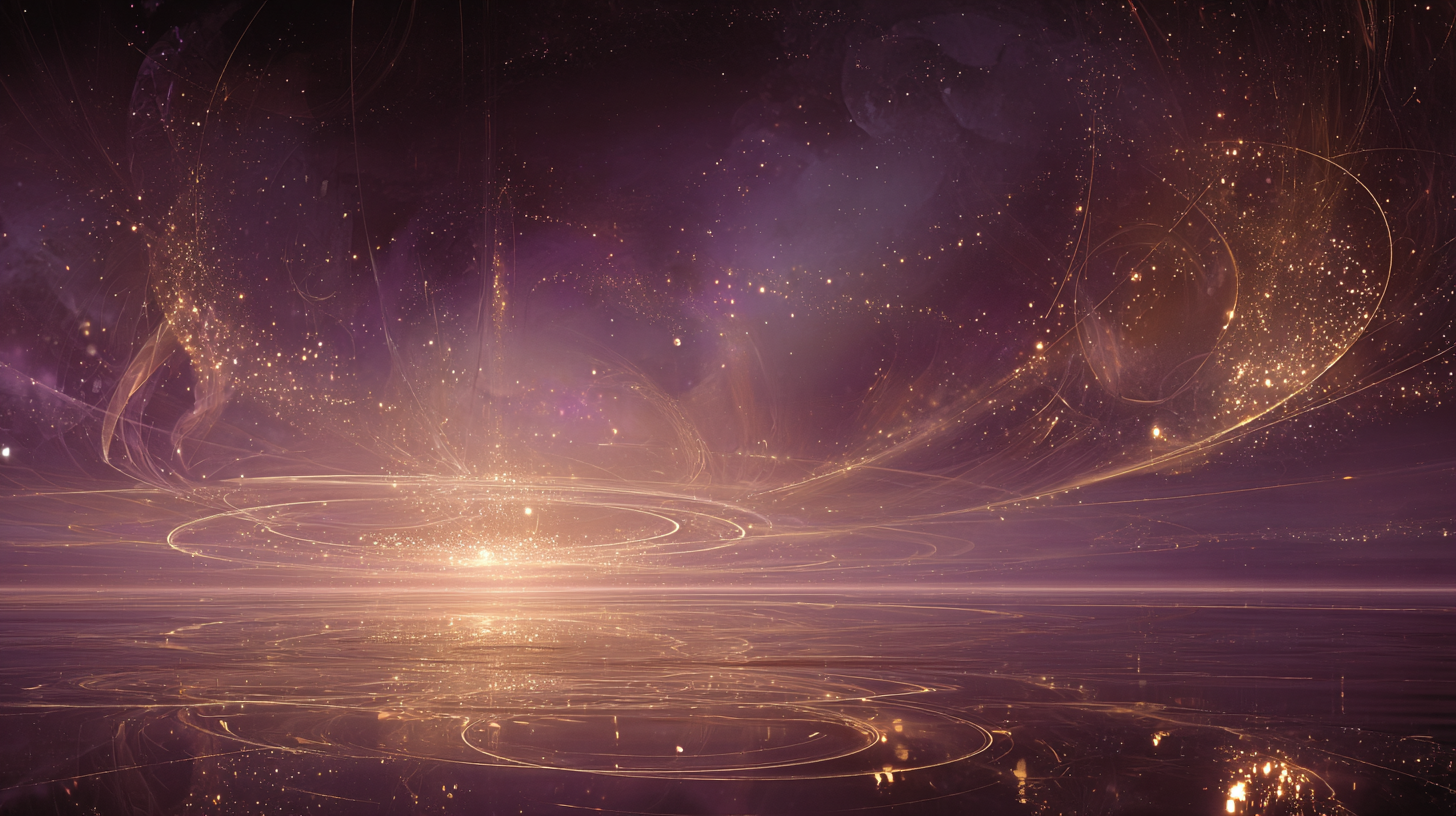 Divine golden light streams flowing from above into Earth fields, warm pale pink and white luminosity with deep plum sky, representing the restoration of abundance as foundation for Starseed service.