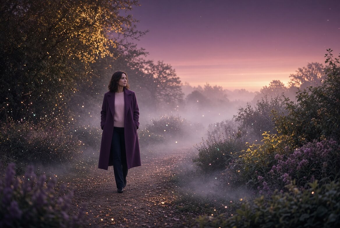 A woman walks a quiet garden path at dawn, one foot before the other, mist and soft light ahead of her.