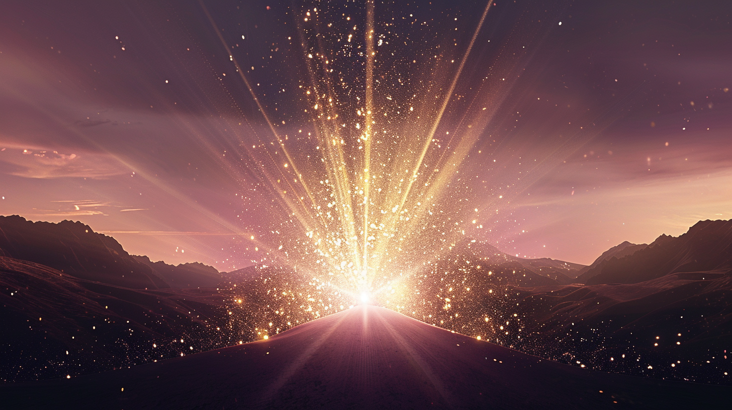 Elegant abstract gradient from deep plum to warm pale pink with radiant golden-white glow, symbolizing rising above 3D density for Starseeds