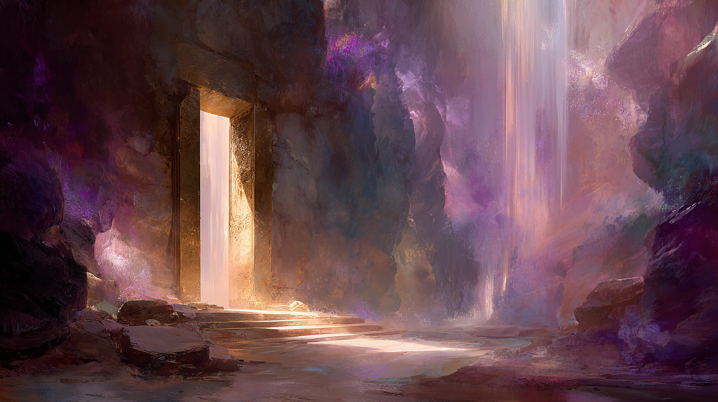 Empty ancient stone tomb with open entrance and radiant golden-white ascension light streaming outward, symbolizing Yeshua ben-Joseph’s flesh body transfiguration into immortal Light without death.