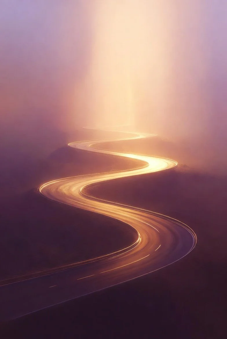 Long winding golden road of light spiraling and ascending upward through deep plum and warm pink cosmic ethers, sacred spiritual path