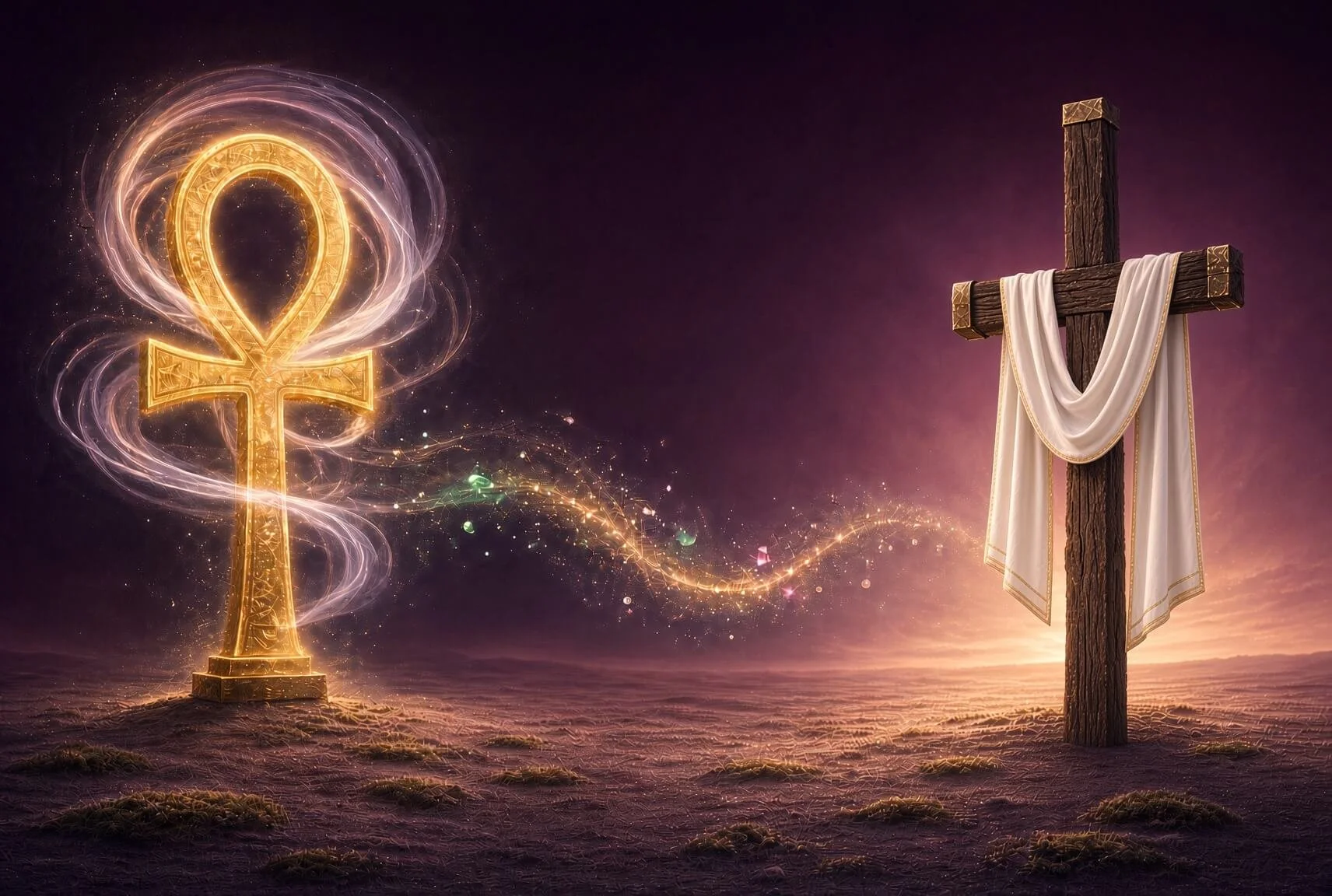 A glowing gold Ankh and a simple wooden crucifix stand on level dusk ground under a warm deep plum sky, joined by a stream of gold light with small colored sparkles.