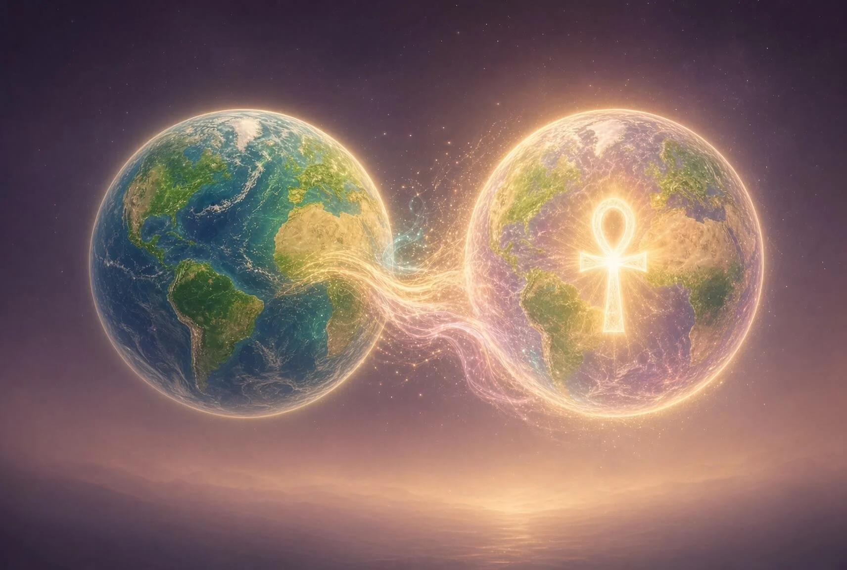 Two Earths in a deep plum and gold sky: the living emerald-blue Earth on the left, and a more luminous Terra on the right with a glowing gold Ankh at its heart, joined by a stream of gold and pale-pink light.