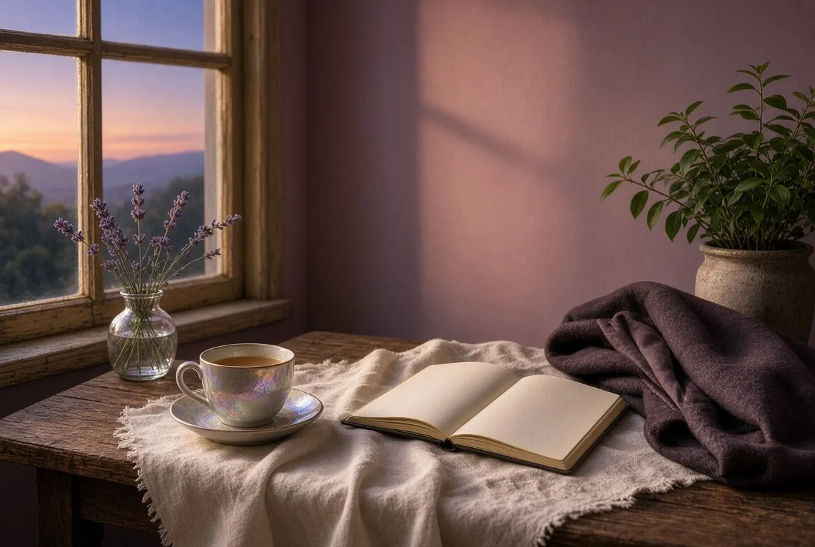 A quiet table by a window holds a cup of tea, an open notebook, a folded coat, and a plant as evening light gathers outside.