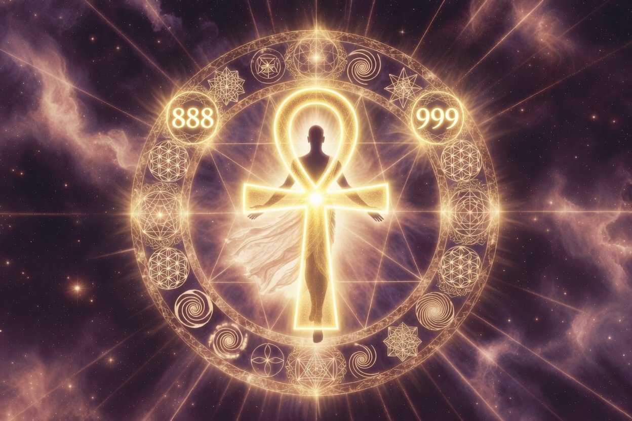 Starseed figure stepping through a glowing Stargate portal with sacred geometry, large golden Ankh aligned over the body, 888 and 999 symbols, deep plum cosmic background