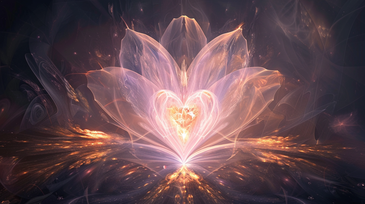 Minimal radiant heart core in deep plum with gold and pale pink glow, representing syntropy as the spirit of love, heart-centered attractors and divine Light for spiritual renewal