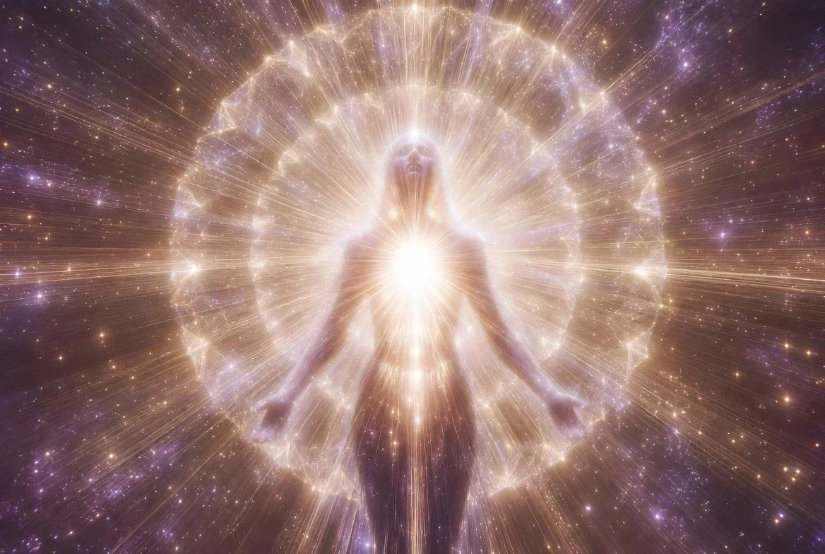 Ethereal woman standing as the luminous Nexus at the center of infinite glowing golden-white rays of light radiating from her heart in all directions, symbolizing infinite timeline realities. Deep plum cosmic background with gold, pink & lavender