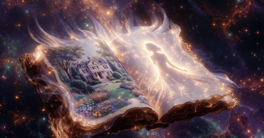 Open mystical book with golden light rising from the pages, showing a beautiful home on one side and a glowing woman's silhouette on the other — symbolizing the power of affirmations to manifest dreams