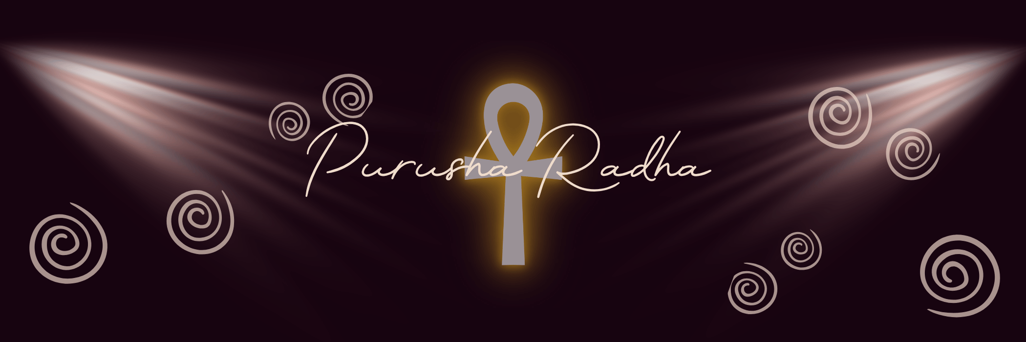 Purusha Radha signature banner with glowing Ankh and golden spirals