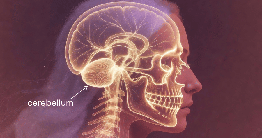 Ethereal glowing head silhouette in profile with golden starry energy highlighting the brain and cerebellum, symbolizing mind activation and the subconscious Mind of God