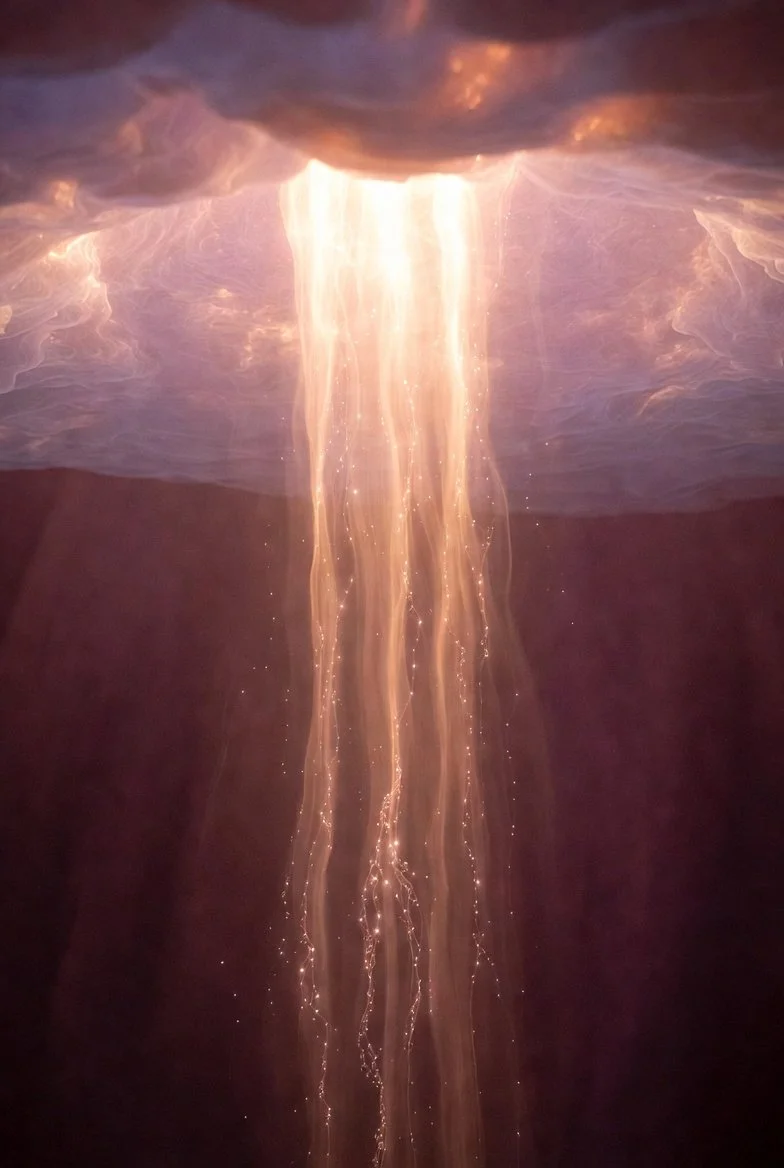 Radiant column of golden-white light descending with sparkling light codes and particles, representing pure guided spiritual transmission
