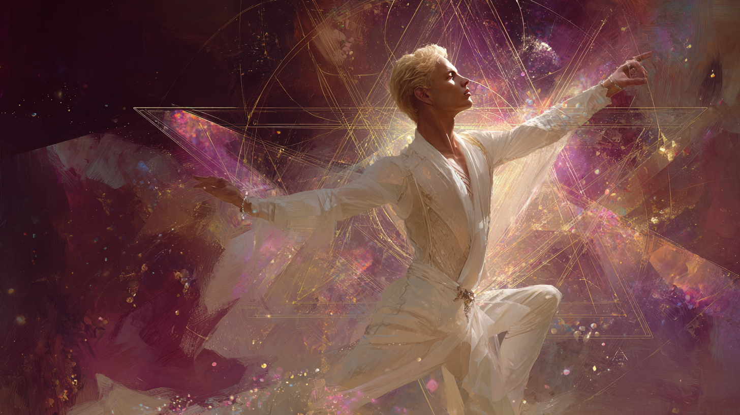 Starseed ascending within their radiant Merkabah vehicle, depicted as an elongated briolette of white-gold and pale pink Light against a cosmic background, embodying protection, liberation, and conscious exploration.